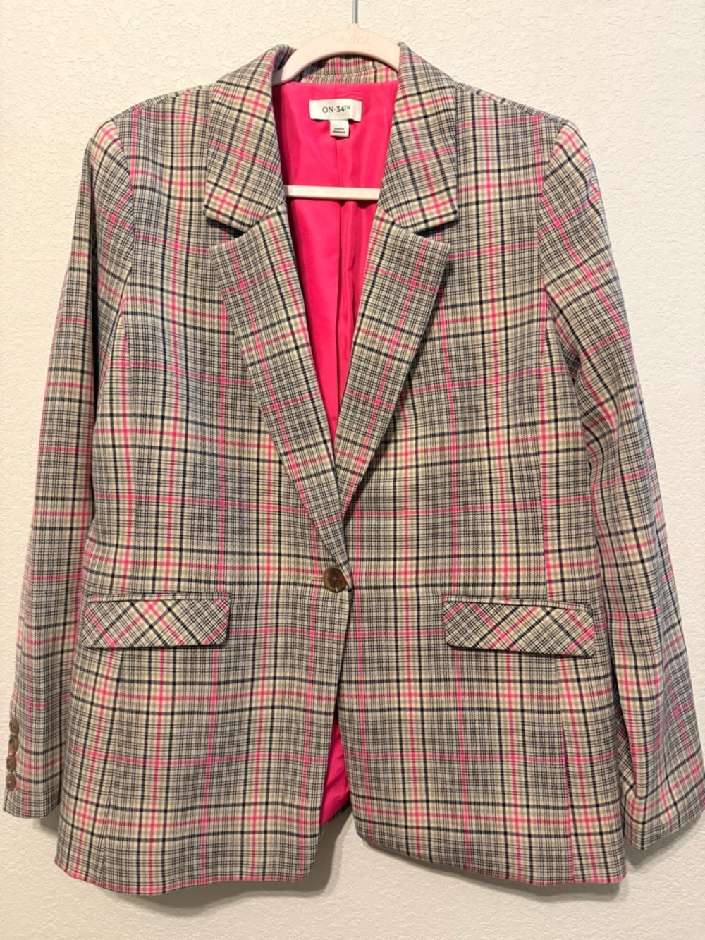 On 34th Pink Plaid Single-Button Tailored Blazer